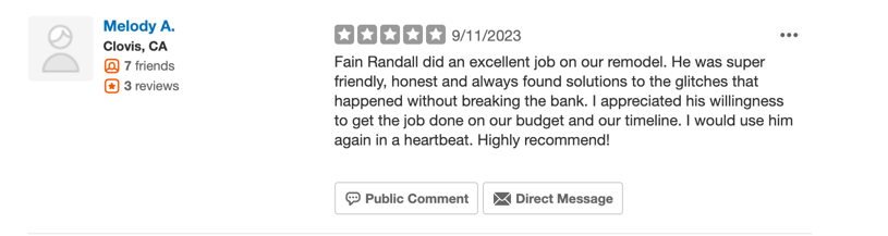 Five-star Yelp review from Melody's flooring project